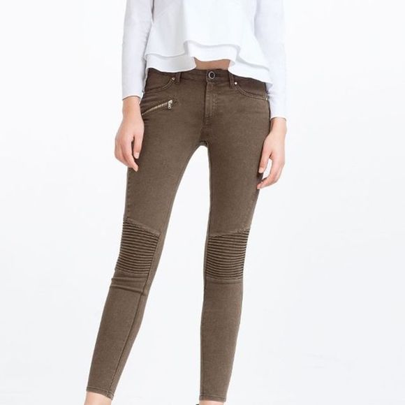 Zara Pants - Zara Olive Green Skinny Fit Moto Ankle Pants